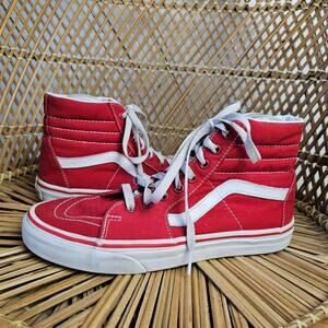 Vans Sk8-Hi Canvas Leather High Top Sneakers Men's 8.5 Red White‎